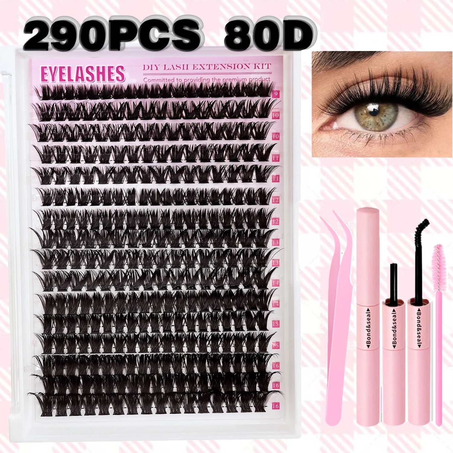 DIY cluster lash extension kit tray with mixed-length wispy lashes, tweezers and bond pens