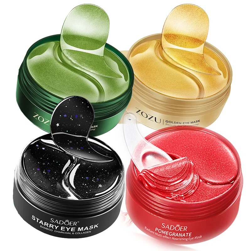 Four jars of crystal collagen hydrogel under-eye patches in gold, seaweed, black pearl and rose formulas