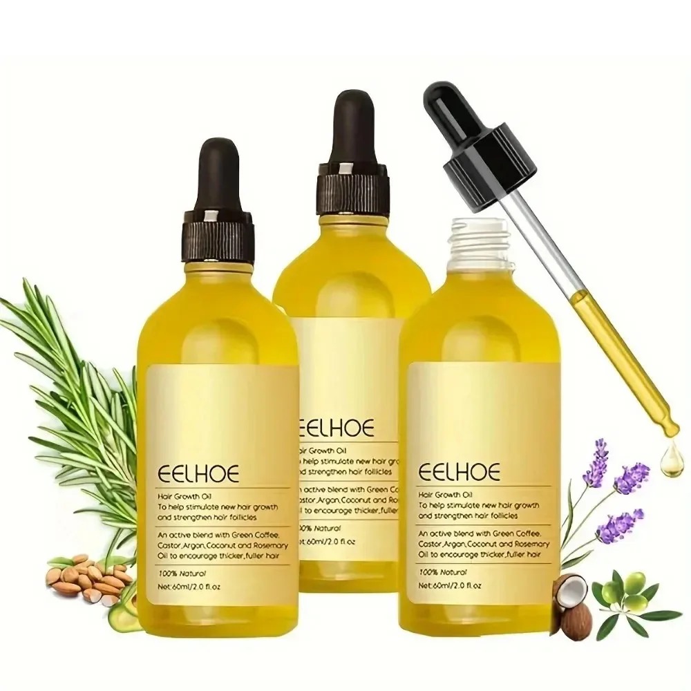 Natural rosemary hair growth oil dropper bottles with fresh rosemary, lavender and botanical oils