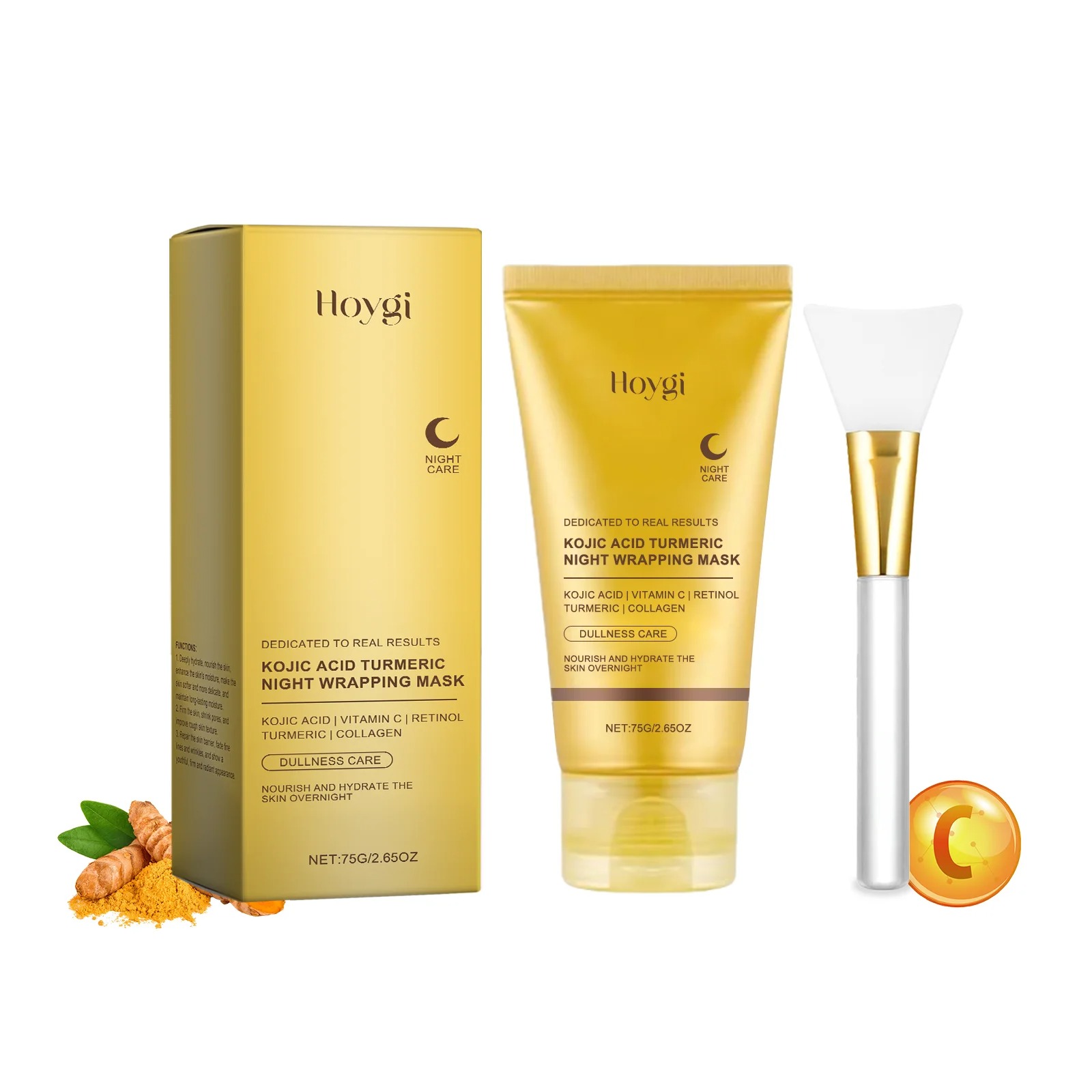 Turmeric collagen peel-off night wrapping mask tube with gold box and silicone applicator brush