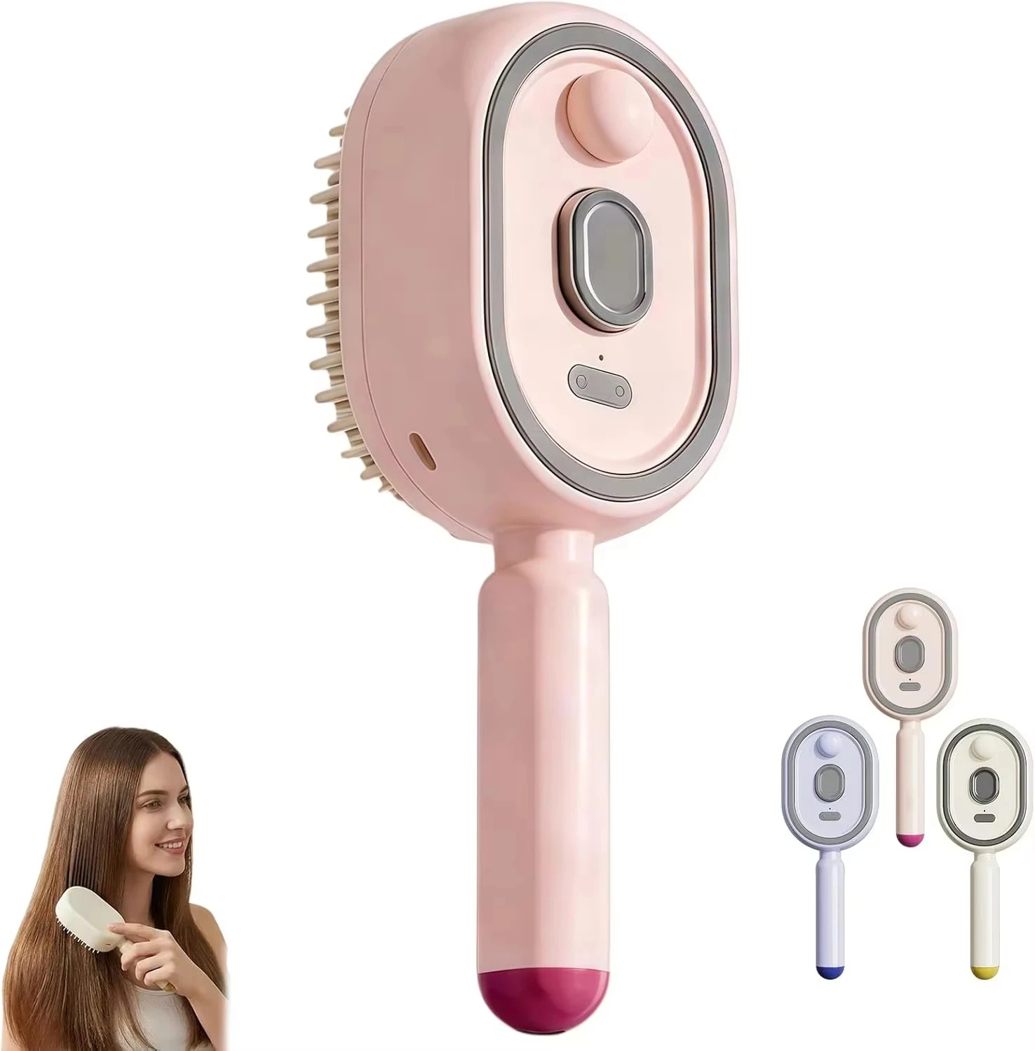 Pink 3-in-1 electric steam spray air cushion scalp massager comb with self-cleaning button