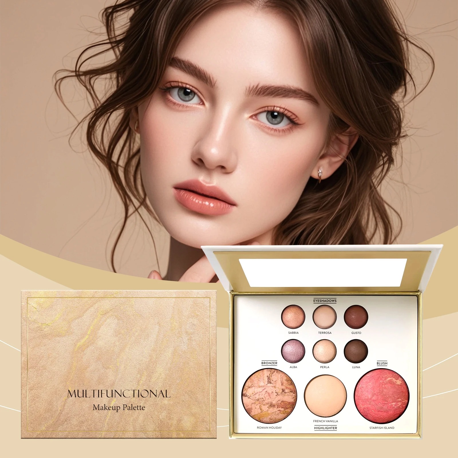 Open gold multifunctional makeup palette with eyeshadows, bronzer, blush and highlighter