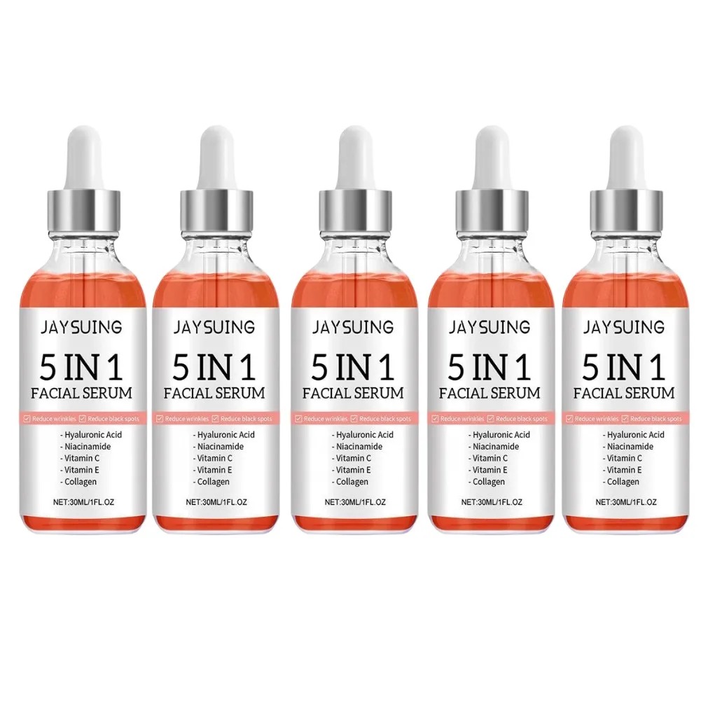 5-in-1 hyaluronic acid, vitamin C and collagen facial serum bottles