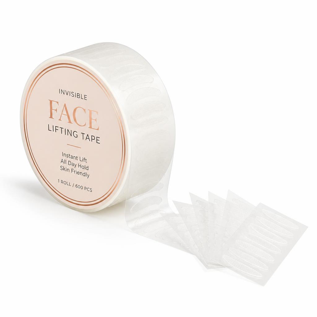 Roll of invisible face lifting tape with clear adhesive strips on a white background