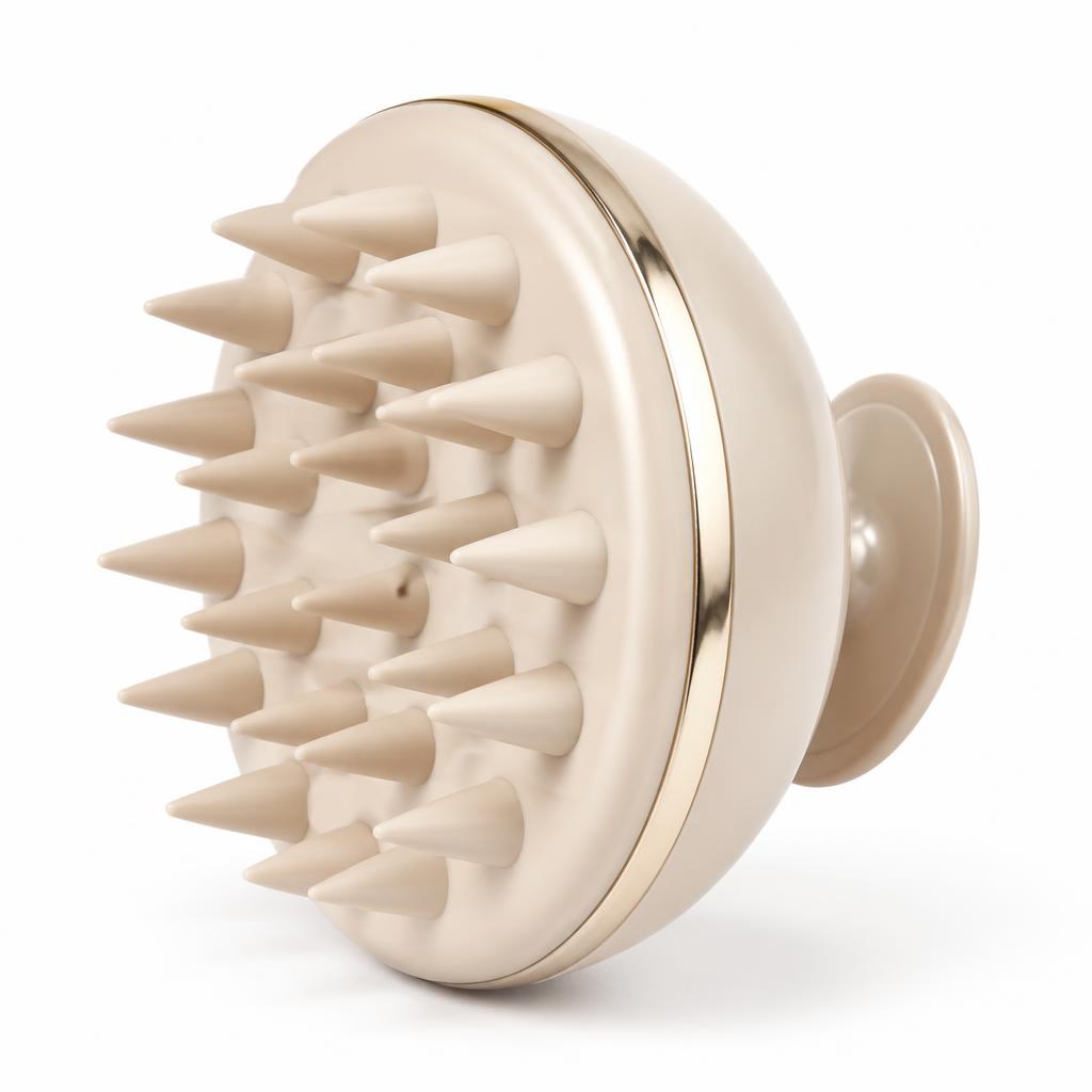 Champagne silicone scalp massager brush with soft bristles on a white background
