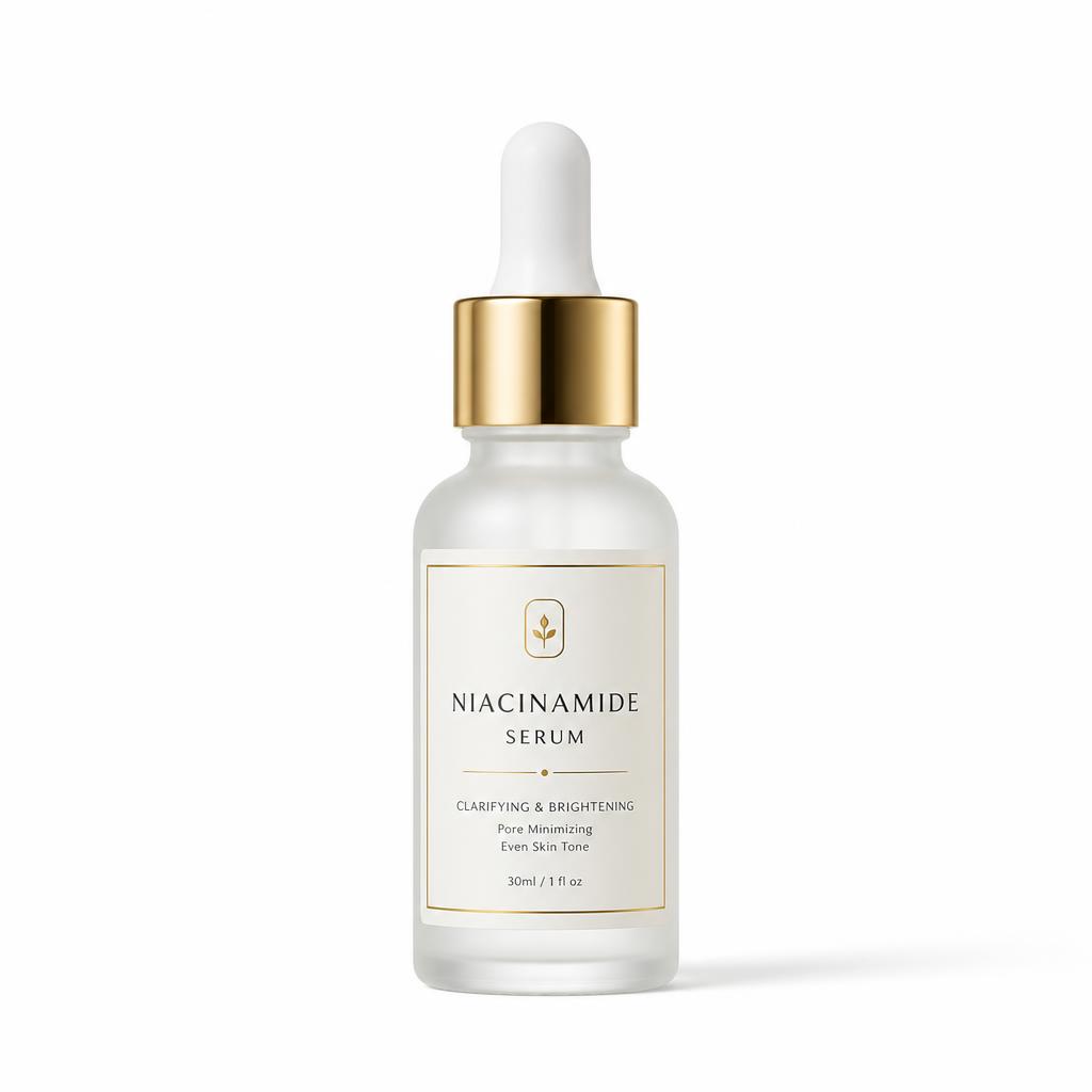 Frosted glass niacinamide serum dropper bottle with gold cap on a white background