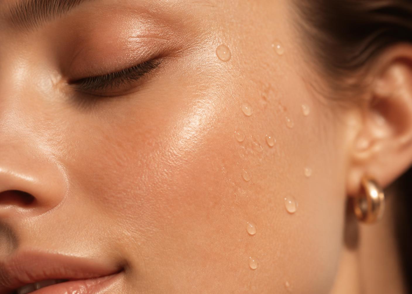 Close-up of dewy, glowing skin with water droplets